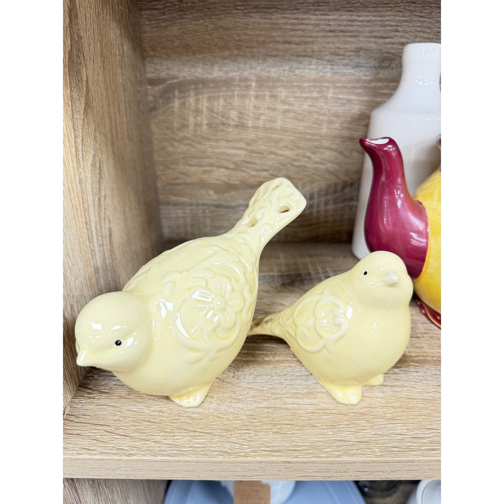 Set of 2 Yellow Ceramic Bird Figurines Floral Embossed Decorative Accents
